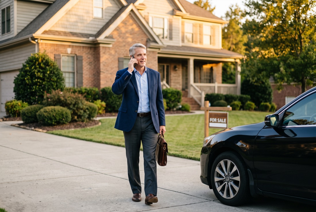 An experienced real estate agent using EchoCRM from his phone after a showing